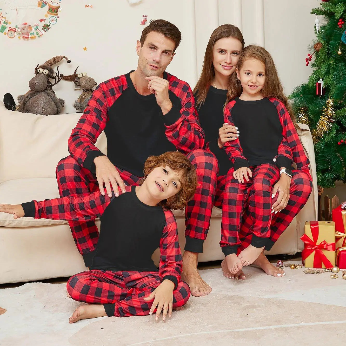 Black Solid Color Plaid Print Christmas Family Couples Matching Pajamas Party Sets - Pajamasbuy