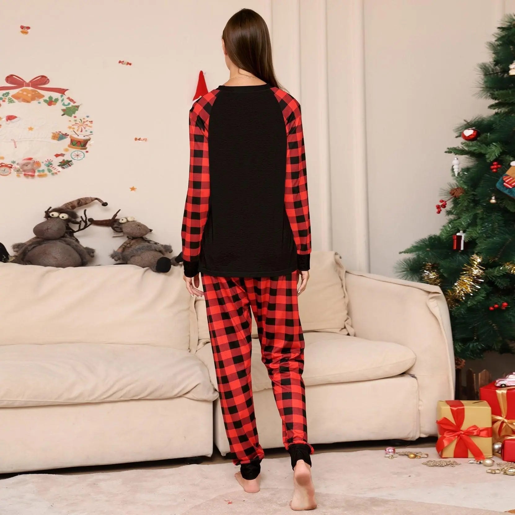 Black Solid Color Plaid Print Christmas Family Couples Matching Pajamas Party Sets - Pajamasbuy