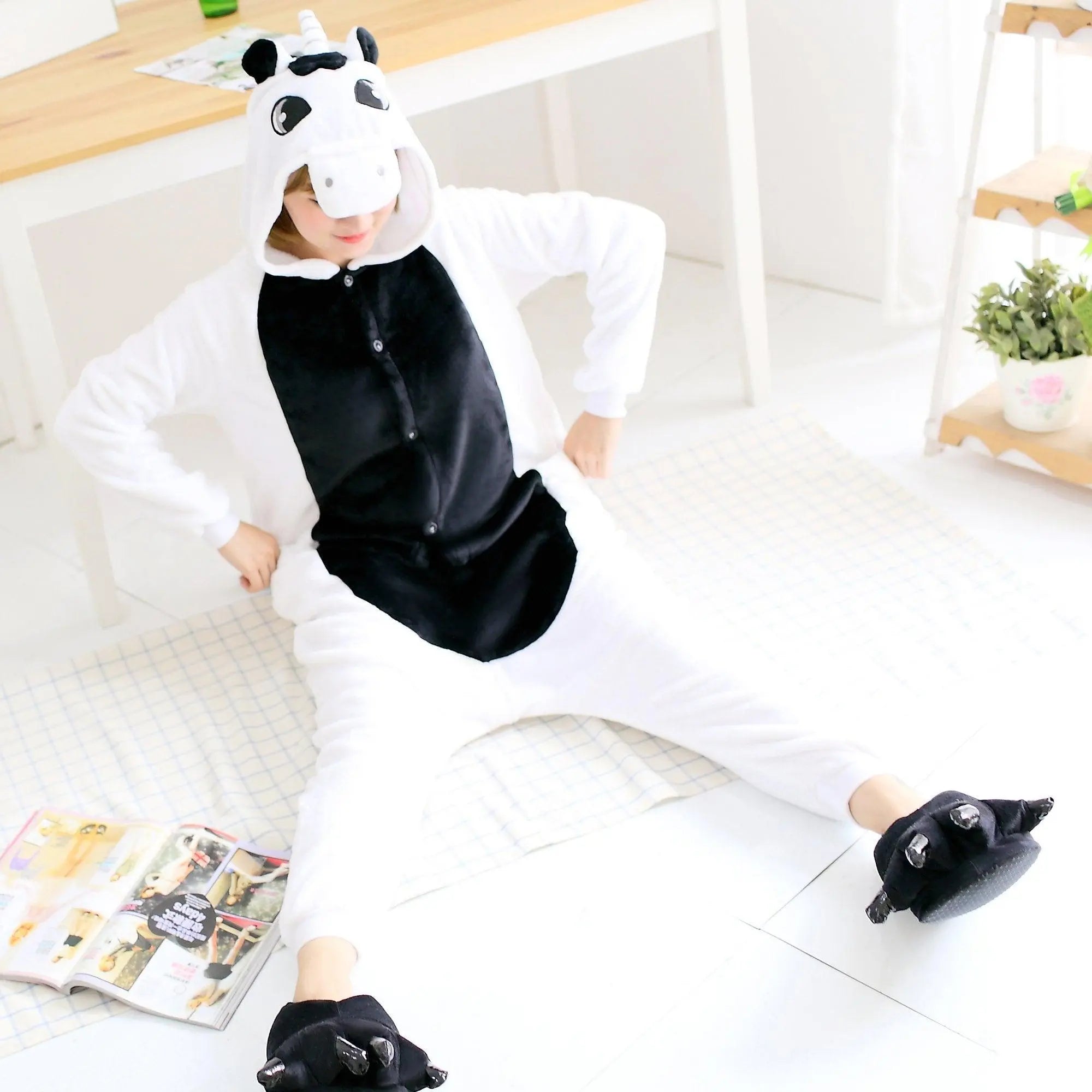 Black White Unicorn Pegasus Kigurumi Onesies Hoodie Costume Pajamas - Pajamasbuy