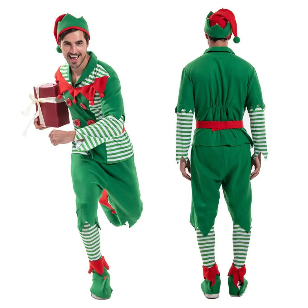 Christmas Elf Adult Men Costume with Elf Hat Stripes Design for Christmas Parties|?PajmasBuy