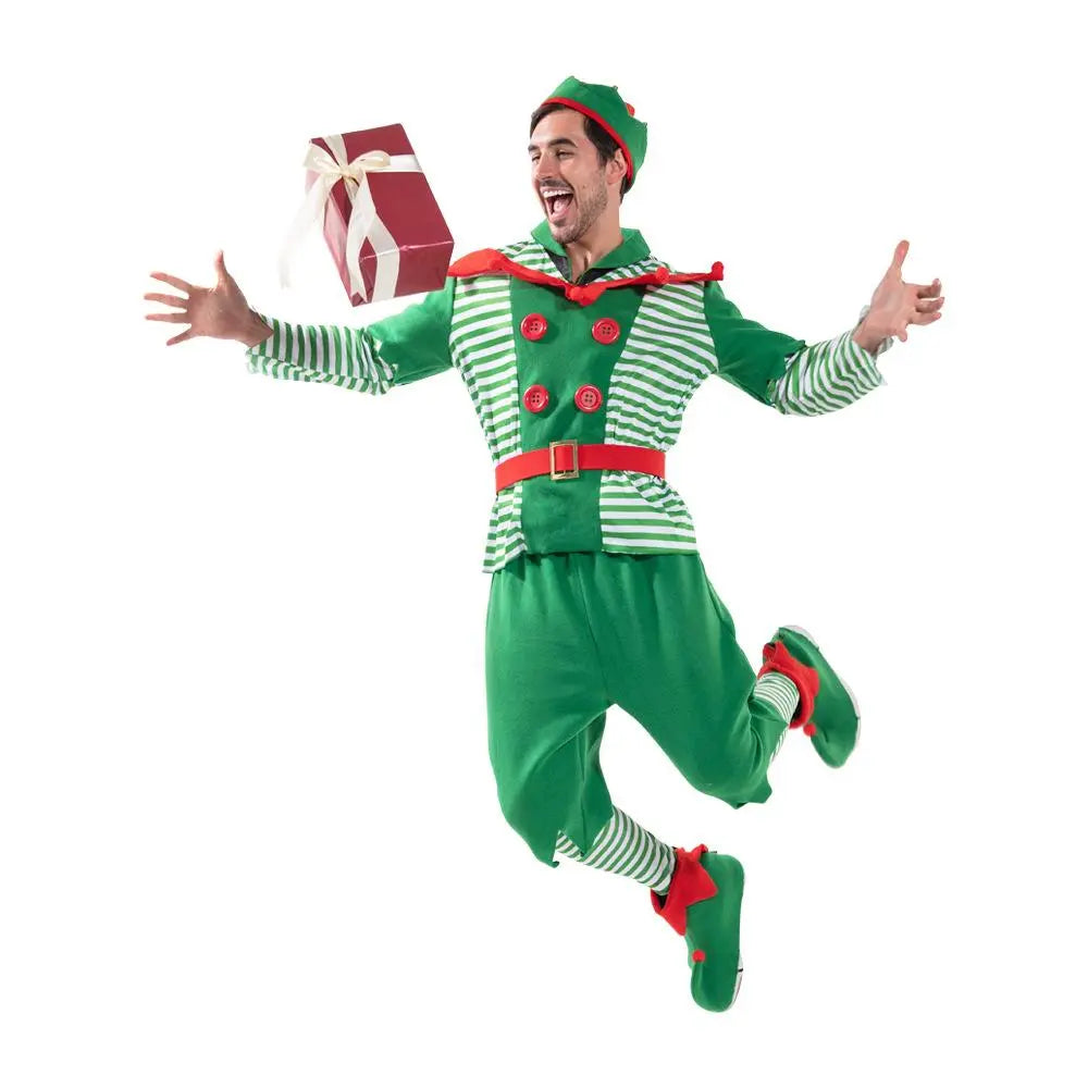 Christmas Elf Adult Men Costume with Elf Hat Stripes Design for Christmas Parties|?PajmasBuy