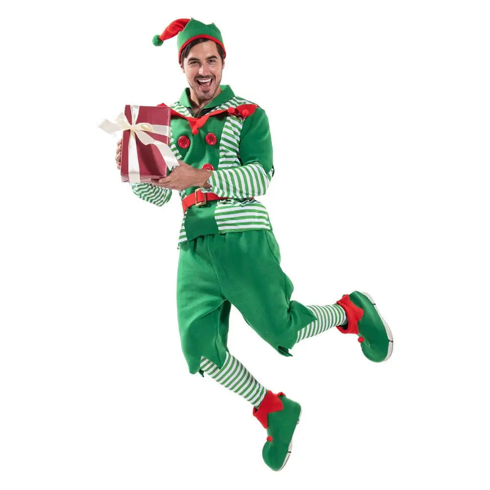 Christmas Elf Adult Men Costume with Elf Hat Stripes Design for Christmas Parties|?PajmasBuy