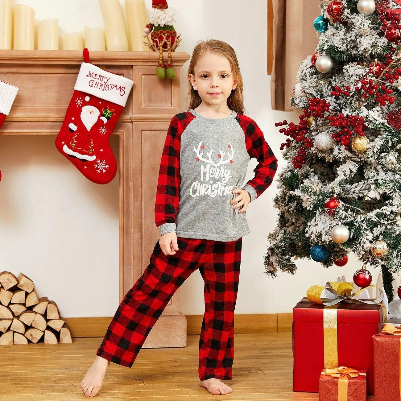 Christmas Family Matching Deer Print Plaid Pajamas Two Pieces Set - Pajamasbuy