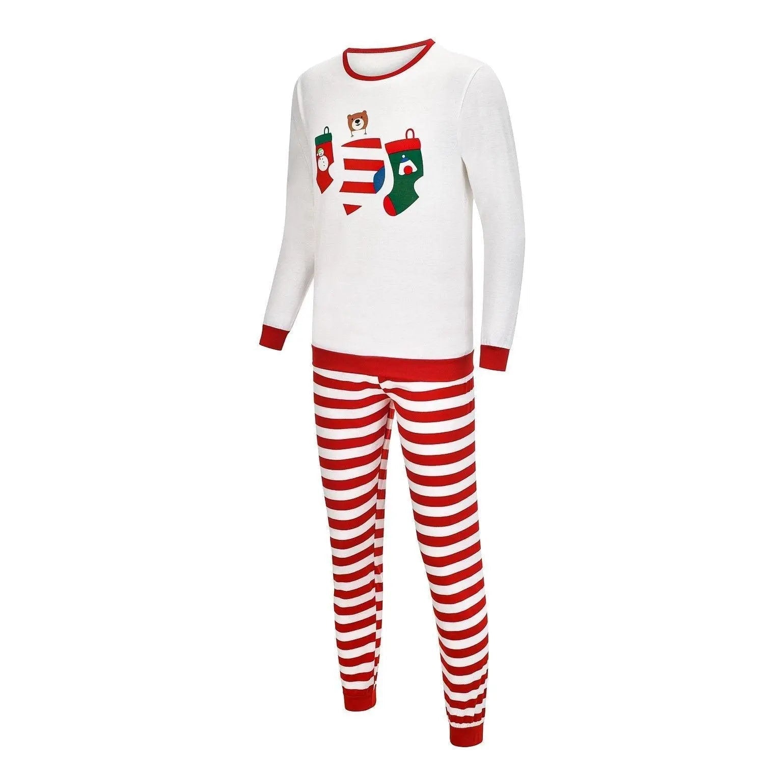 Christmas Family Matching Sleepwear Pajamas Sets White Stocking Bear Top and Red Stripes Pants - Pajamasbuy