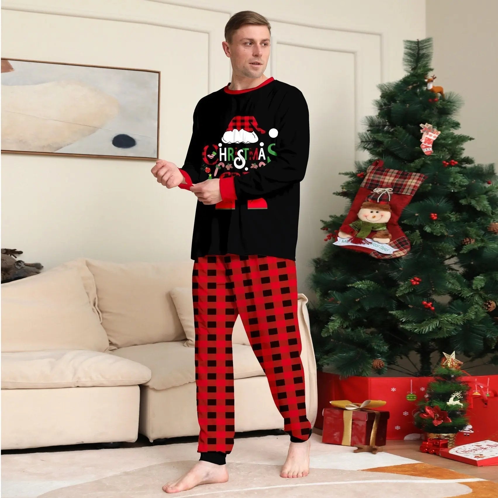 Christmas Hat Letter Red Black Checkered print Family Matching Pajamas Sets - Pajamasbuy