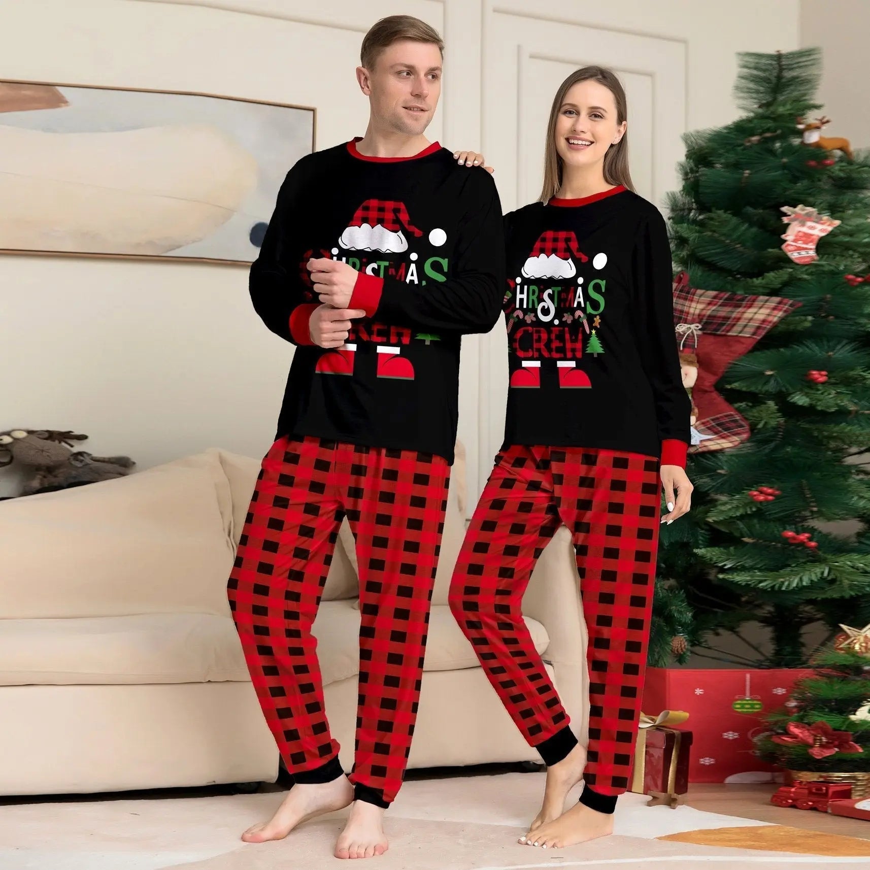 Christmas Hat Letter Red Black Checkered print Family Matching Pajamas Sets - Pajamasbuy