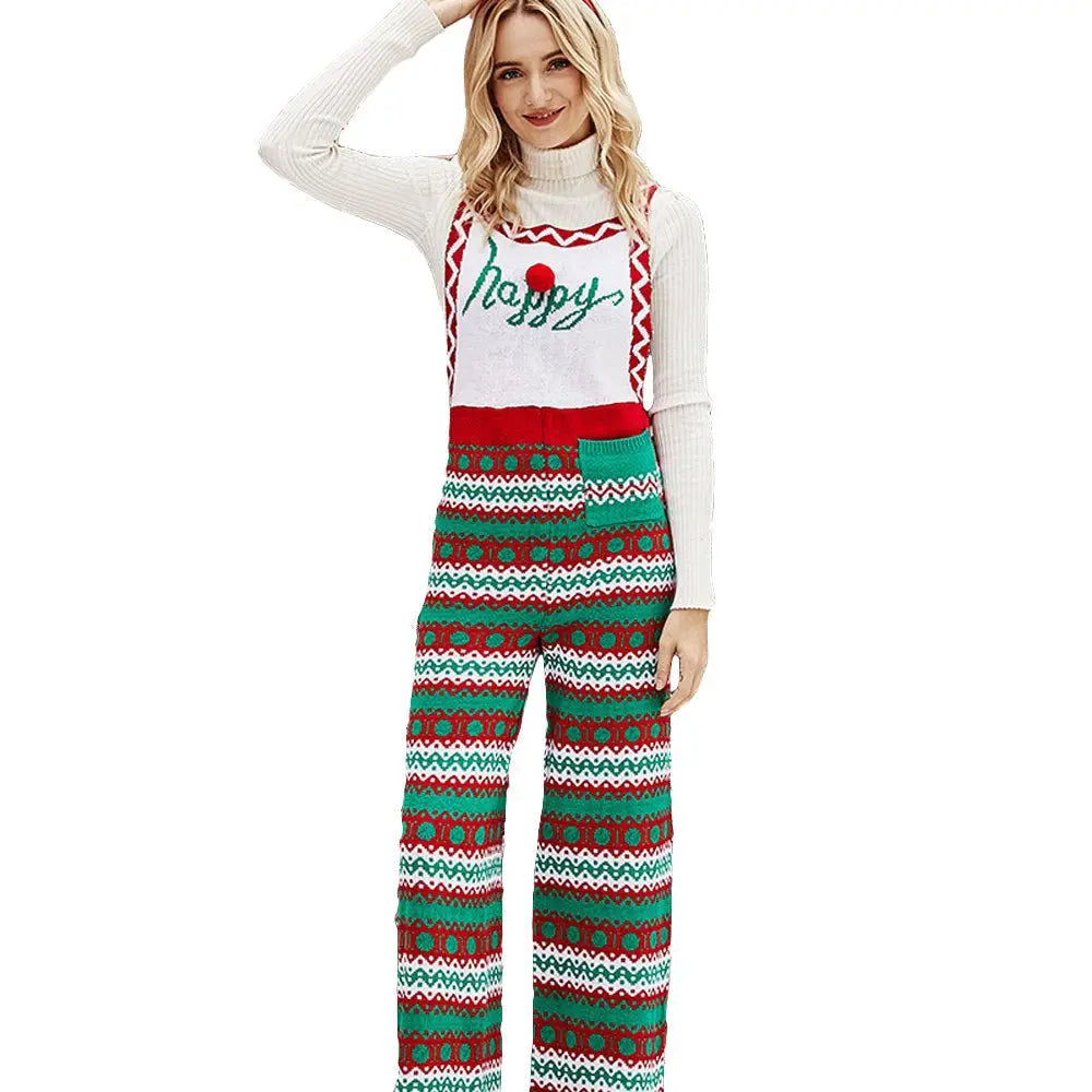 Christmas Kint Overalls Printed Pants Stripes Xmas Jumpsuit with Pocket - Pajamasbuy