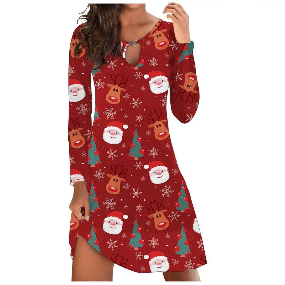 Christmas Top Dress Ladies Santa Print Long Sleeve Dress - Pajamasbuy