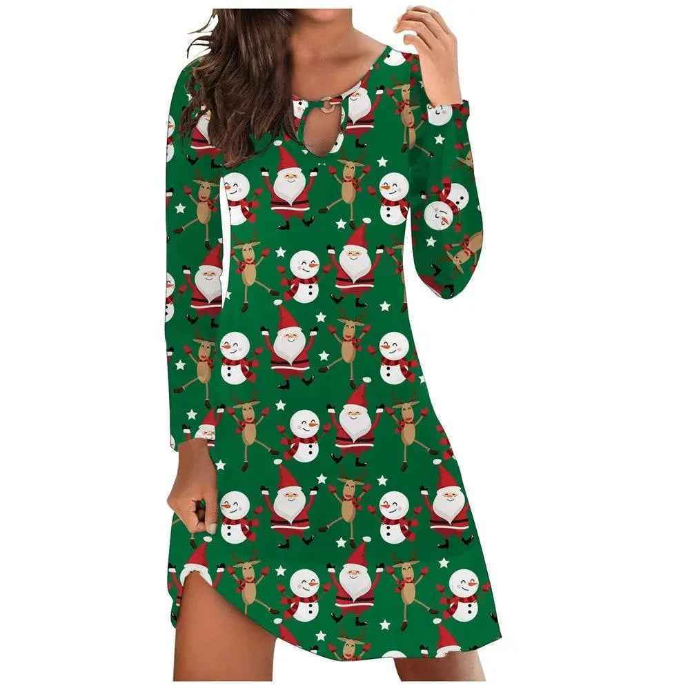 Christmas Top Dress Ladies Santa Print Long Sleeve Dress - Pajamasbuy