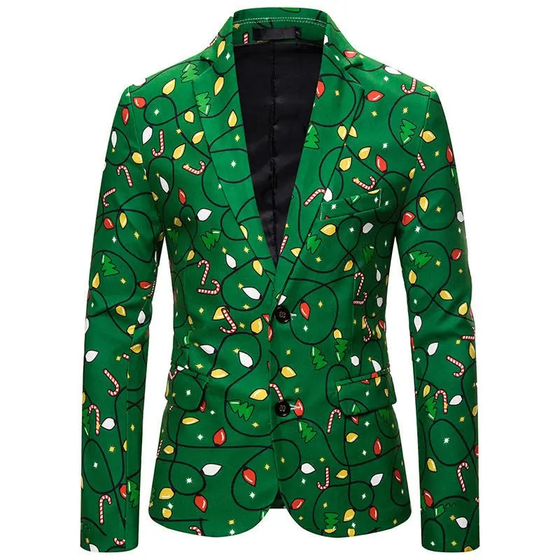 Christmas green Dinner Jackets for Men Holiday Santa Printed Blazers Outfit Suits - Pajamasbuy