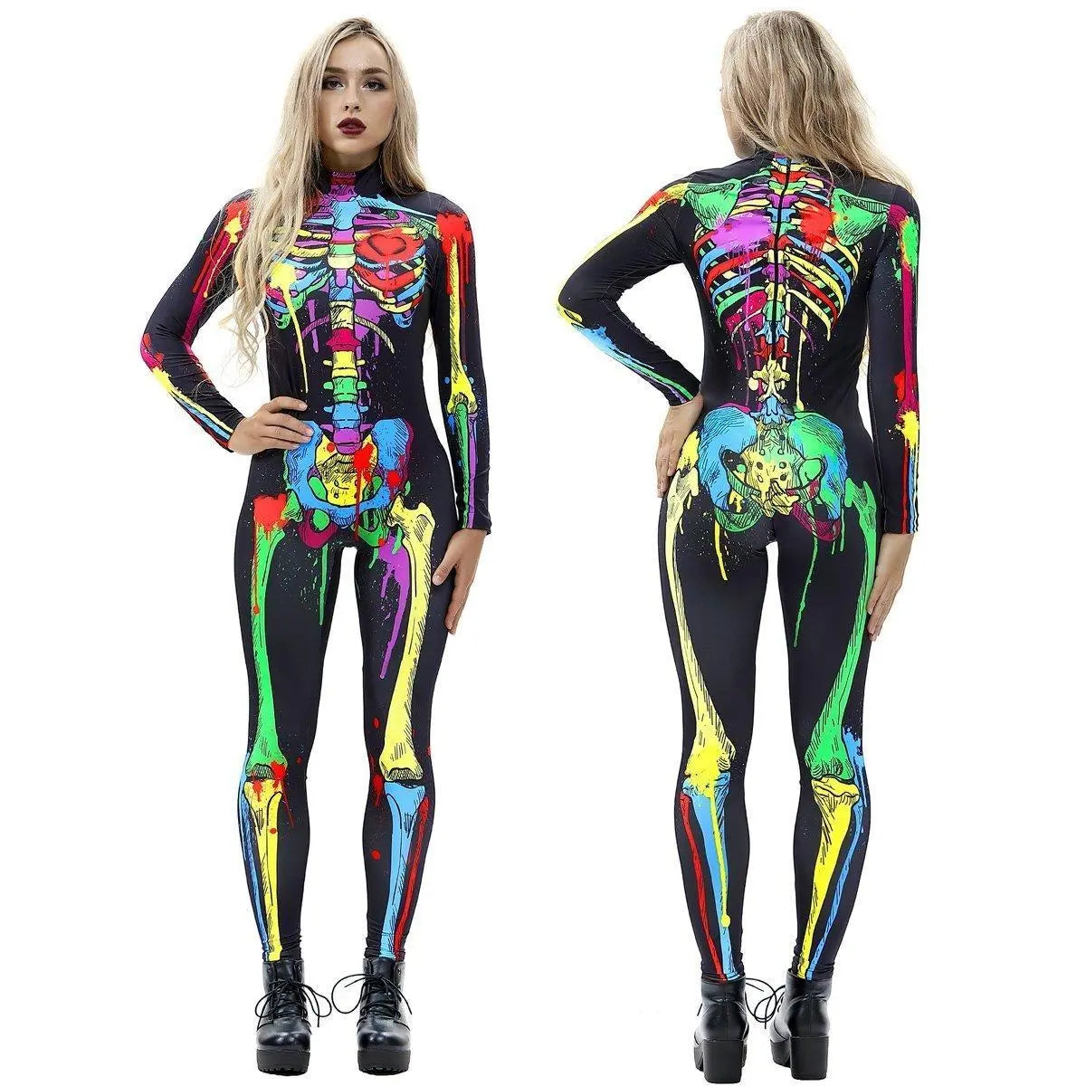 Coloful Skull Halloween Cosplay Costume Bodycon Jumpsuit for Women - Pajamasbuy