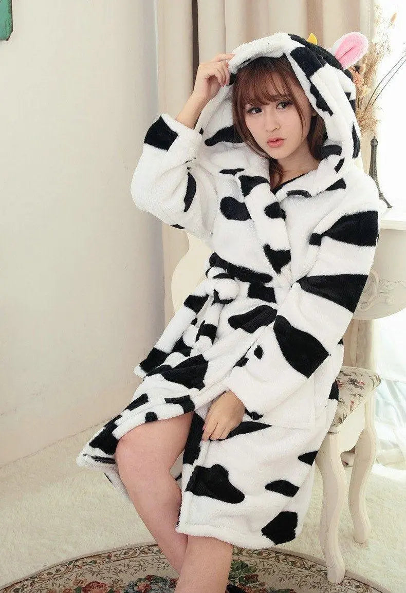 Cow Pajamas Winter Warm Onesies Coral Fleece Hoodie Kigurumi Robe - Pajamasbuy