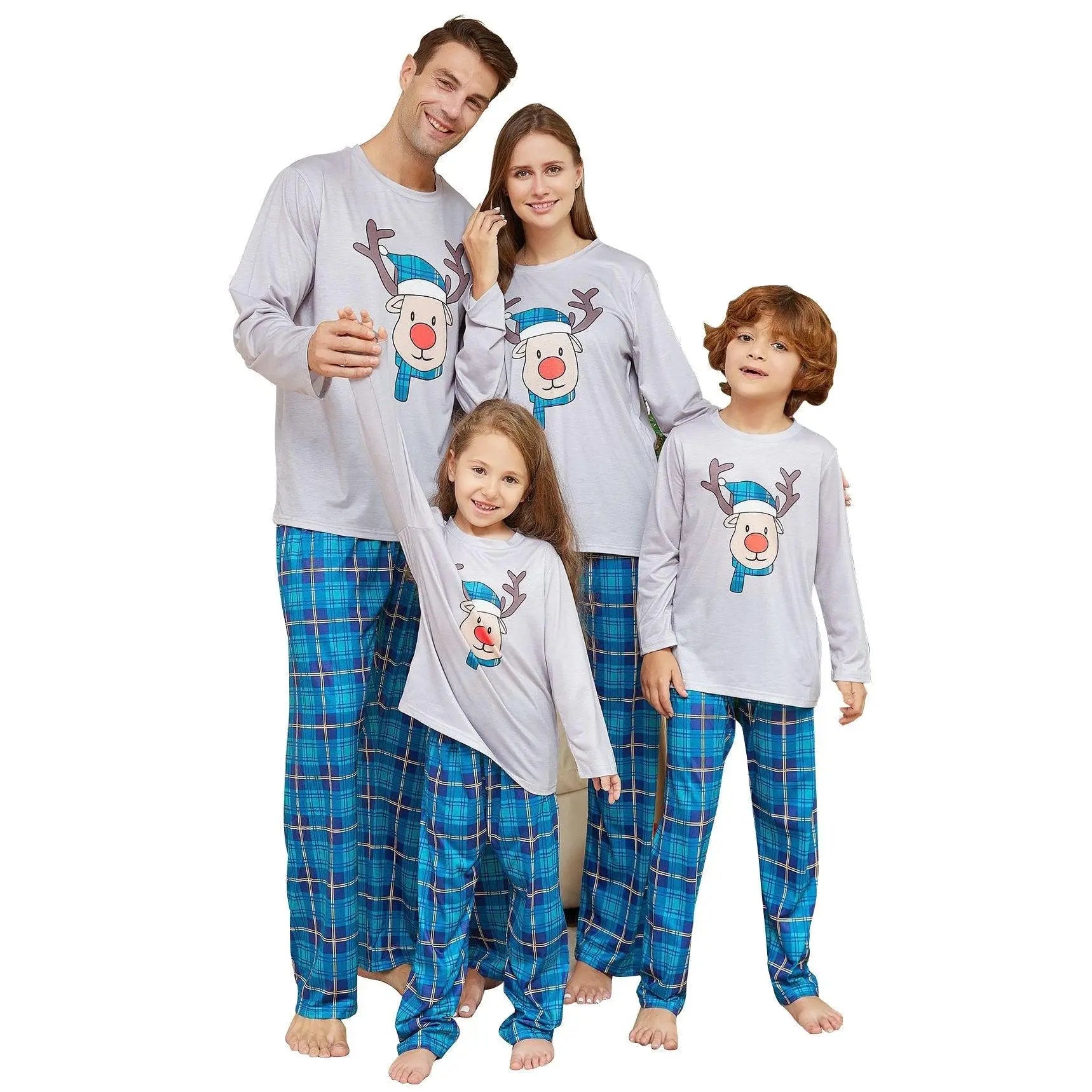 Deer Head Blue Plaid Crew Neck Christmas Family Couples Matching Pajamas Party Sets - Pajamasbuy