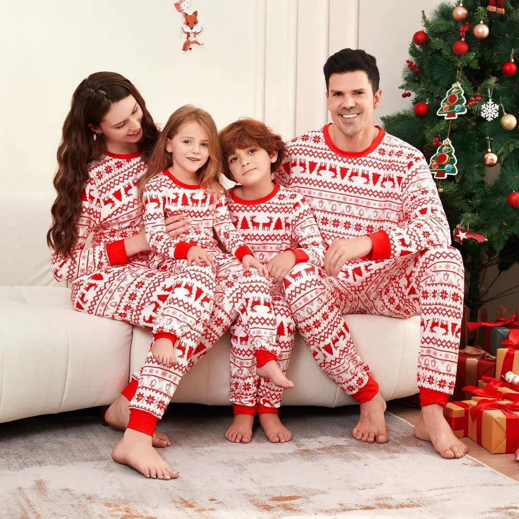 Elk Cartoon Print Crew Neck Christmas Family Matching Pajamas Party Sets - Pajamasbuy