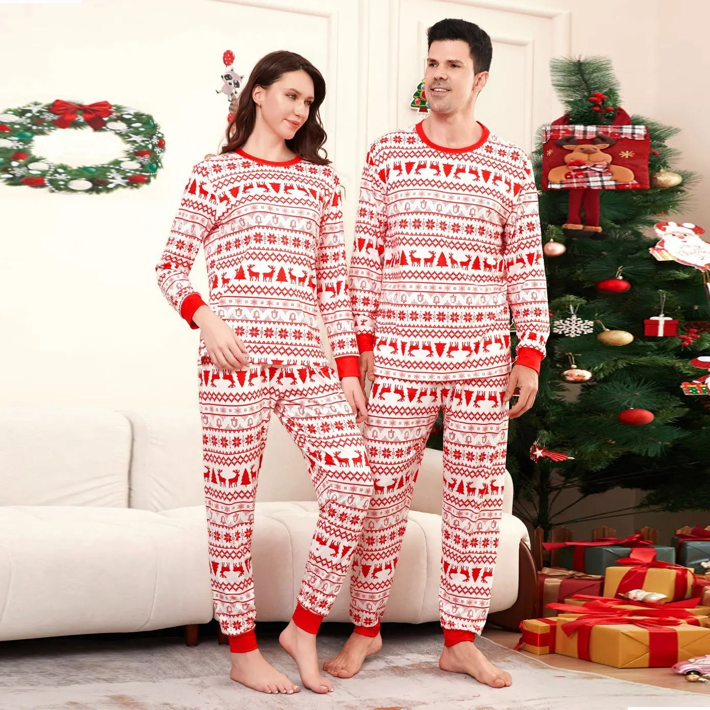 Elk Cartoon Print Crew Neck Christmas Family Matching Pajamas Party Sets - Pajamasbuy