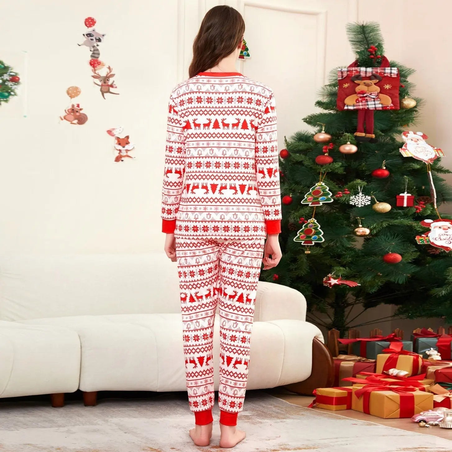 Elk Cartoon Print Crew Neck Christmas Family Matching Pajamas Party Sets - Pajamasbuy