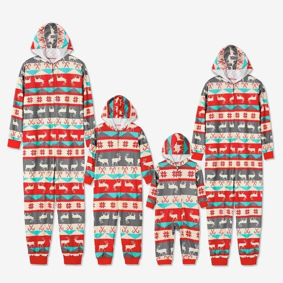 Family Christmas Pajamas Matching Sets Printed Long Sleeve One - Piece Hooded Sleepwear Jumpsuit Loungewear - Pajamasbuy