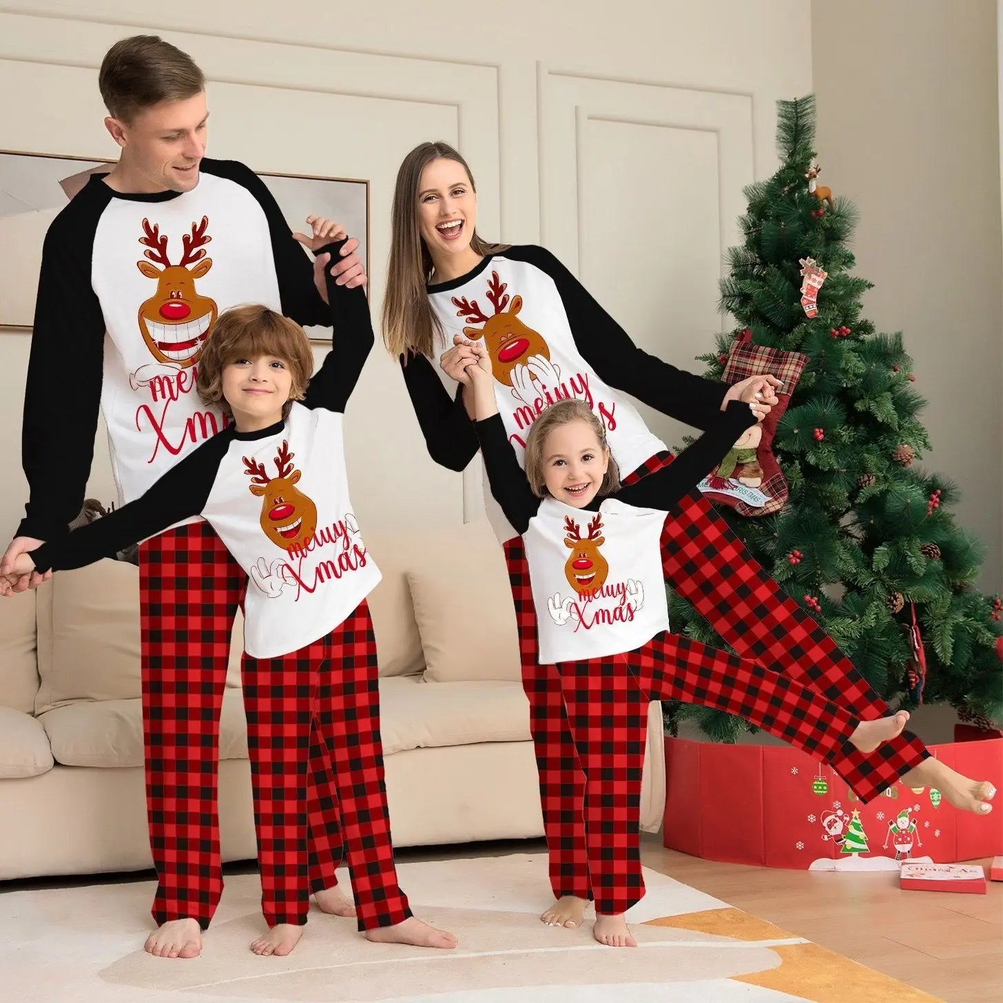 Family Matching Christmas Deer Print Xmas Pajamas Set for Adults Kids Pets - PajmasBuy