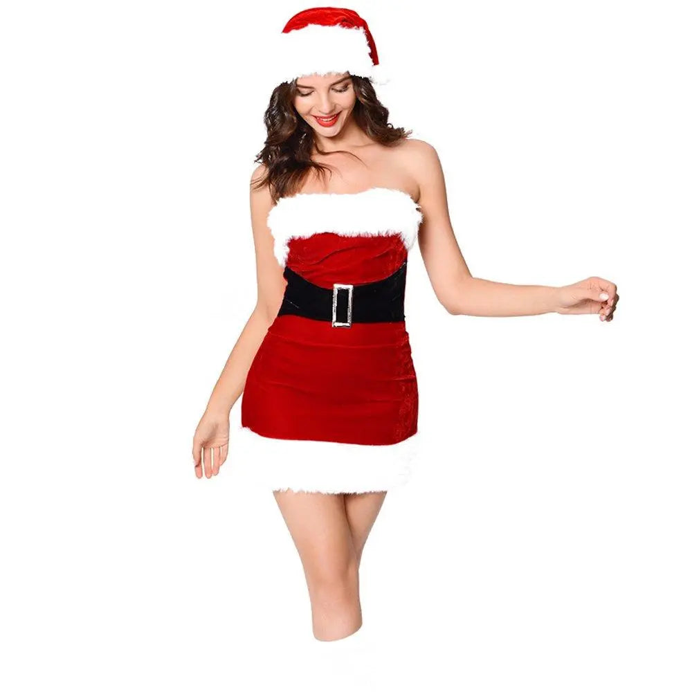 Furry Christmaas Sexy Red Costume Tube Dresses with Chirstmas Hat For Adult - Pajamasbuy