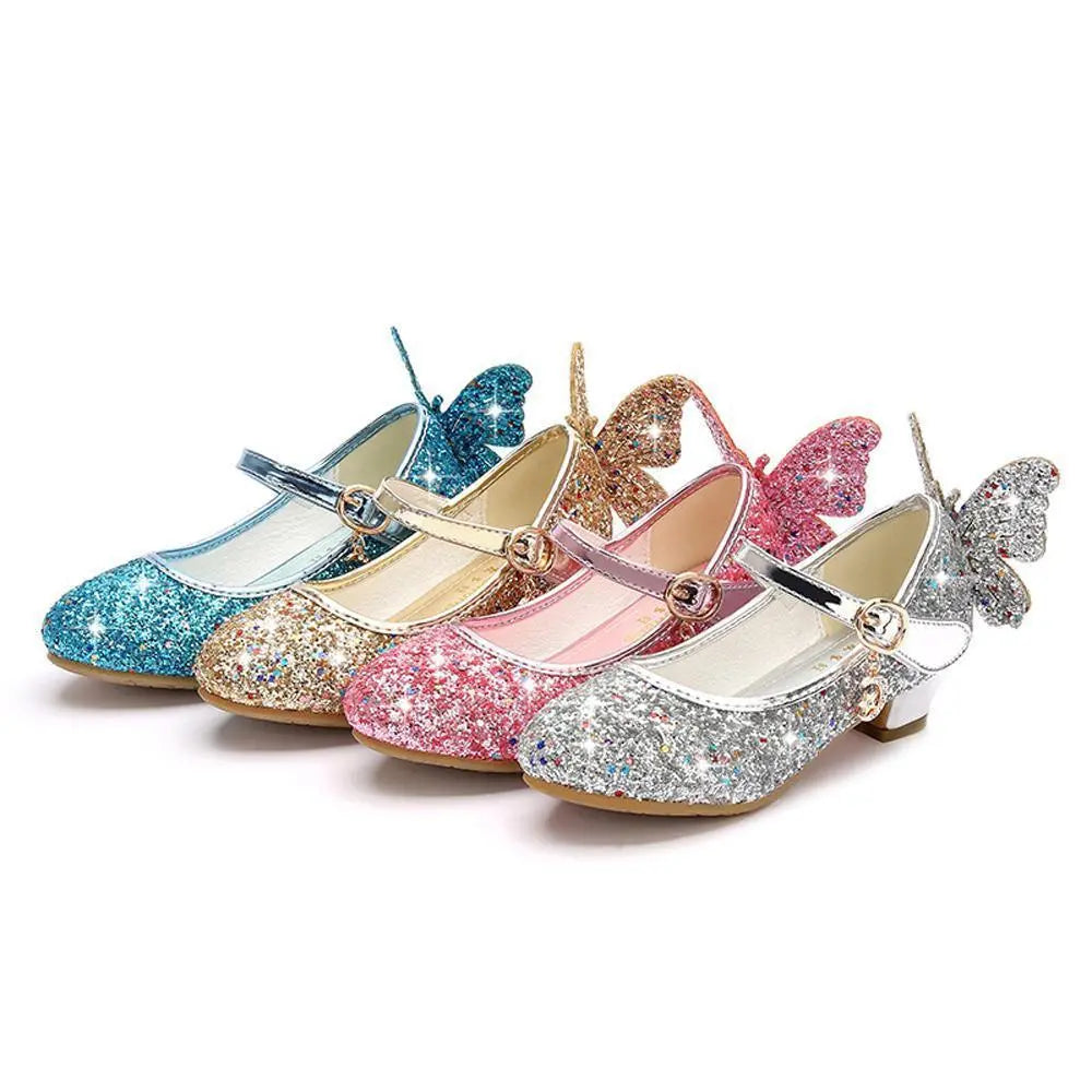 Girls Glitter Butterfly Mary Jane Flats With Mini Heels Dress Shoes - Pajamasbuy