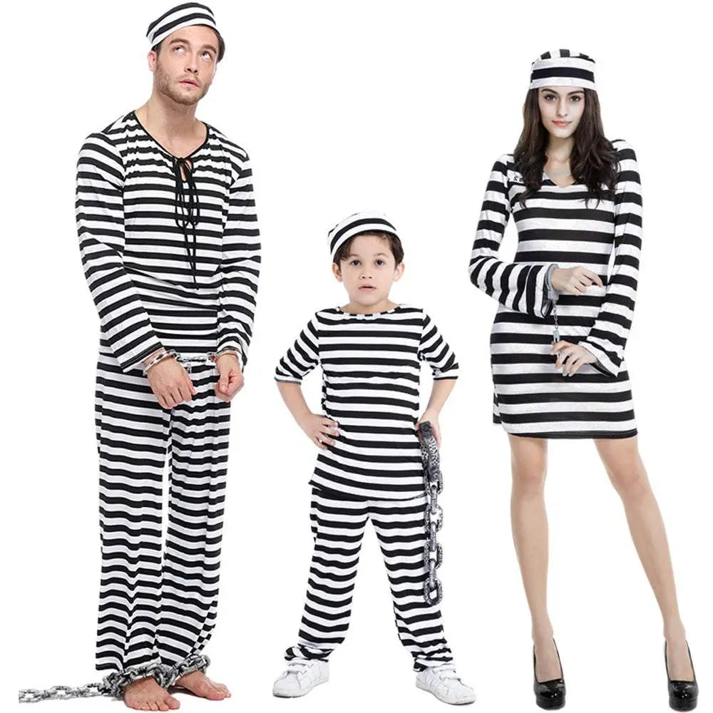 Halloween Adult Kid Striped Prison Costume Hat Top Pants Dress Set - Pajamasbuy