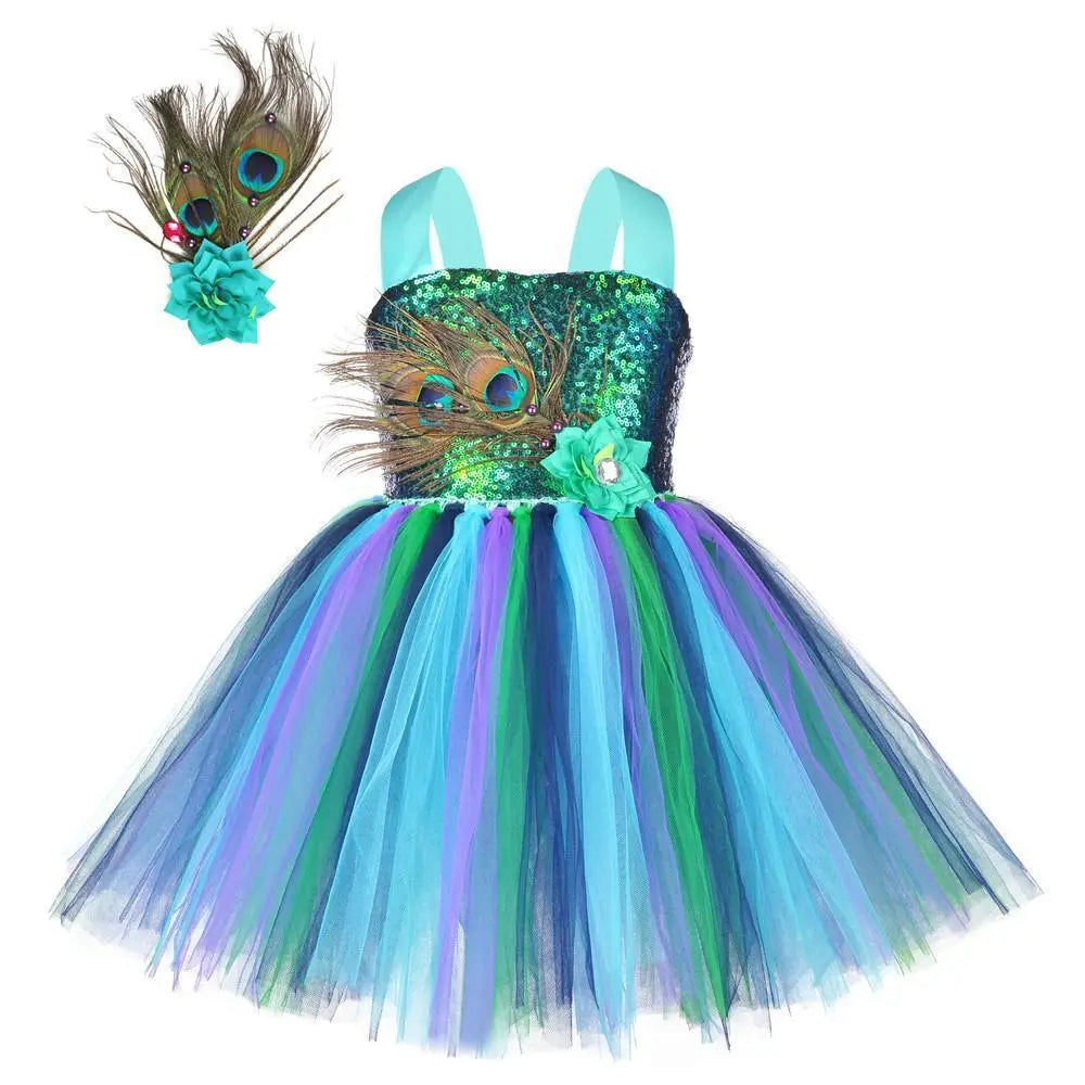 Kids Sequin Peacock Feather Costume Girls Easter Carnival Party Dress - Pajamasbuy