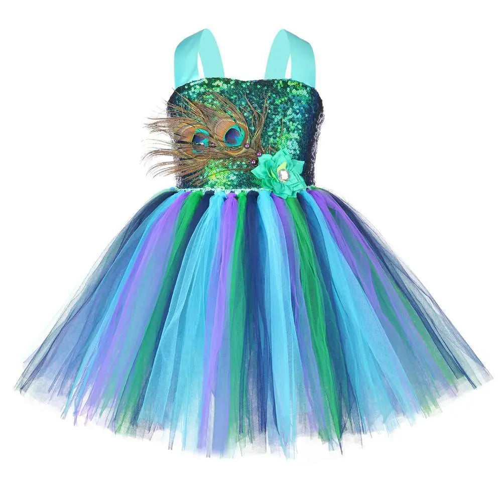 Kids Sequin Peacock Feather Costume Girls Easter Carnival Party Dress - Pajamasbuy