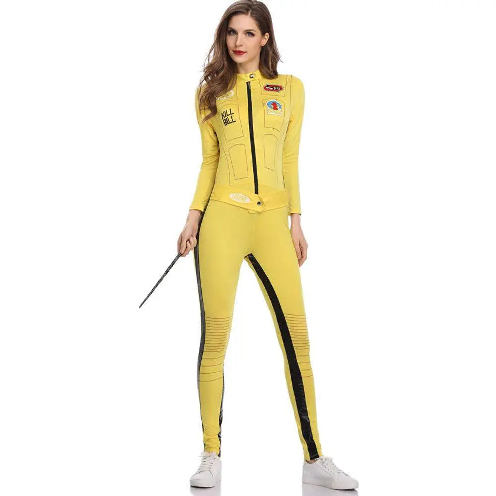 Kill Bill Cosplay Costume Yellow Bodycon Jumpsuit Motorcycle Night Club Racer Zentai Suits for Women - Pajamasbuy