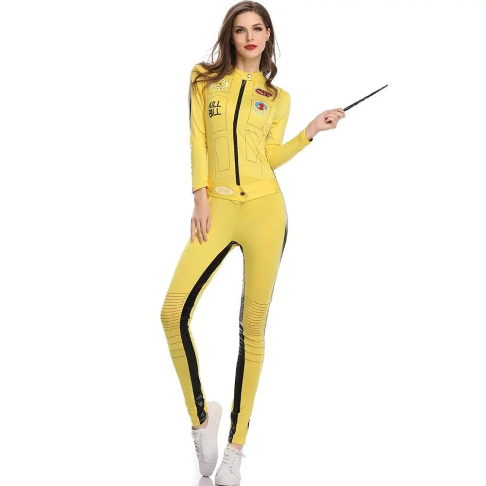 Kill Bill Cosplay Costume Yellow Bodycon Jumpsuit Motorcycle Night Club Racer Zentai Suits for Women - Pajamasbuy