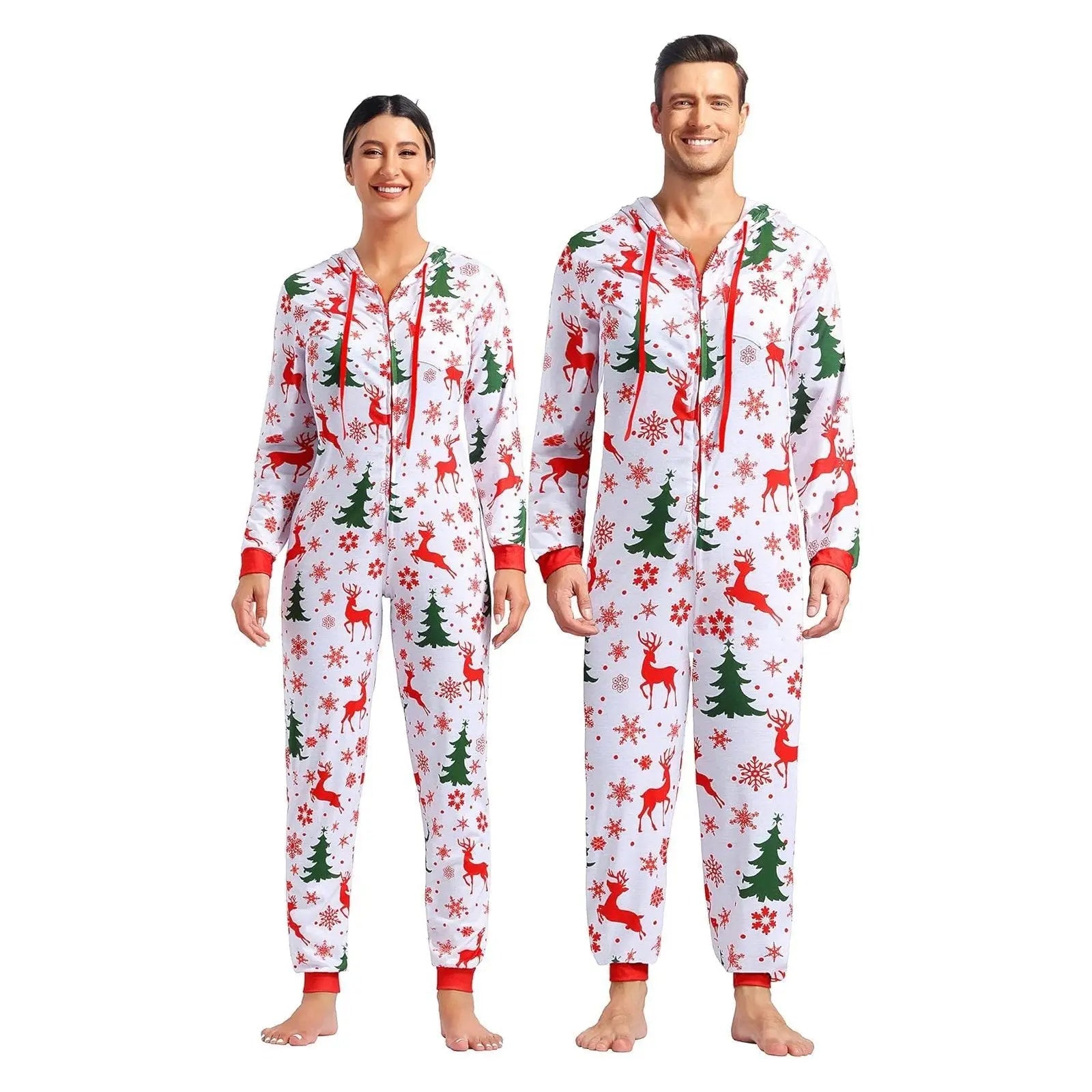 Christmas Couples Matching Pajamas Reindeer Print Multicolored for Men and Women - PajmasBuy