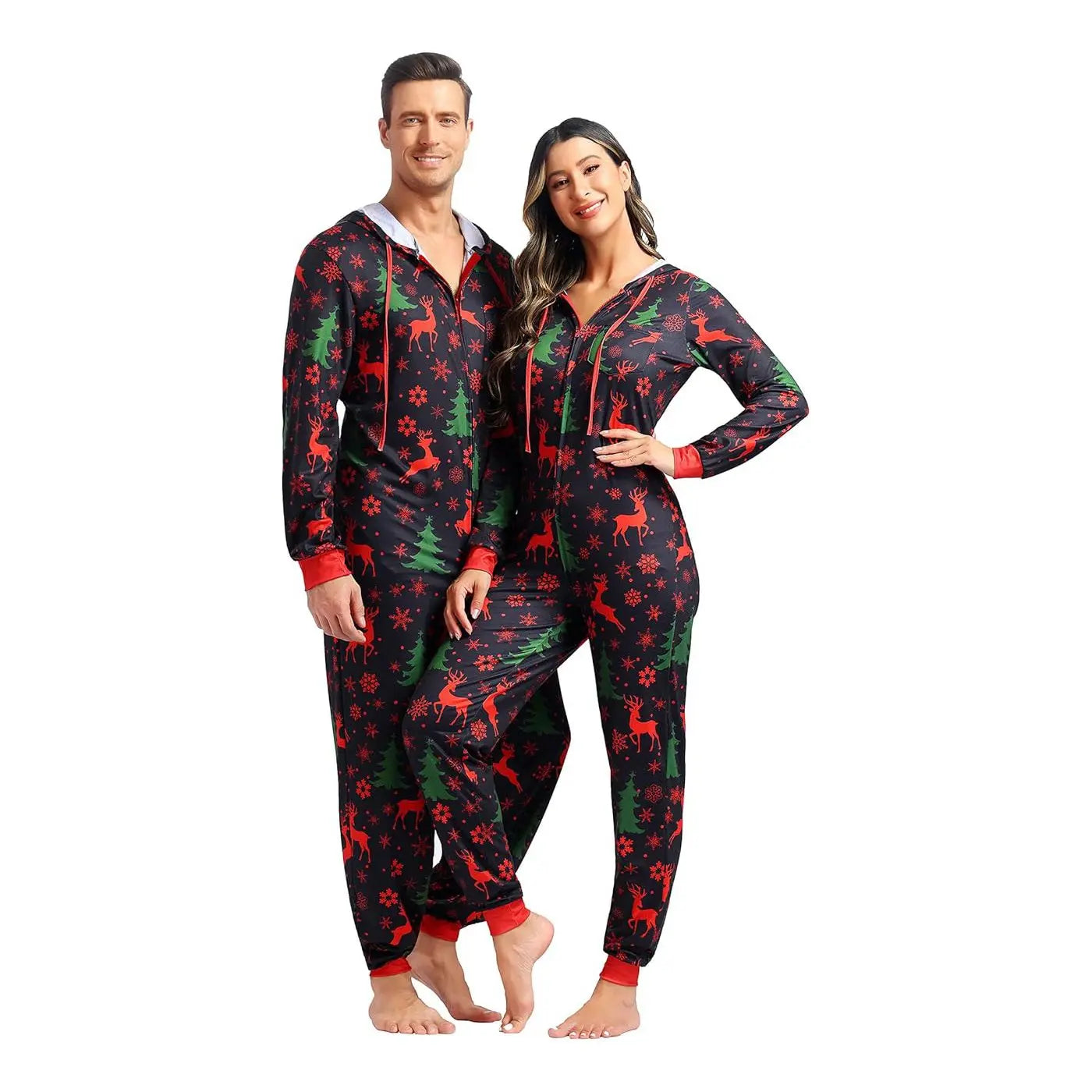 Christmas Couples Matching Pajamas Reindeer Print Multicolored for Men and Women - PajmasBuy