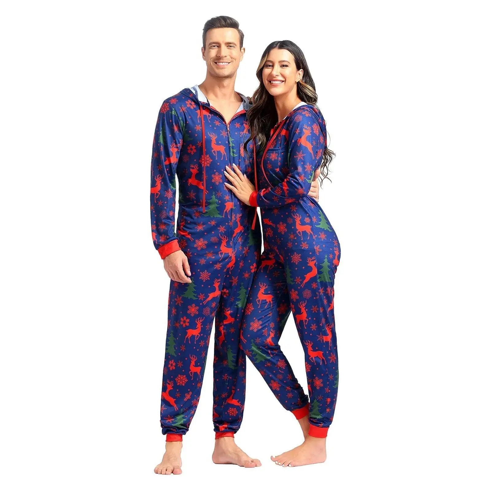 Christmas Couples Matching Pajamas Reindeer Print Multicolored for Men and Women - PajmasBuy