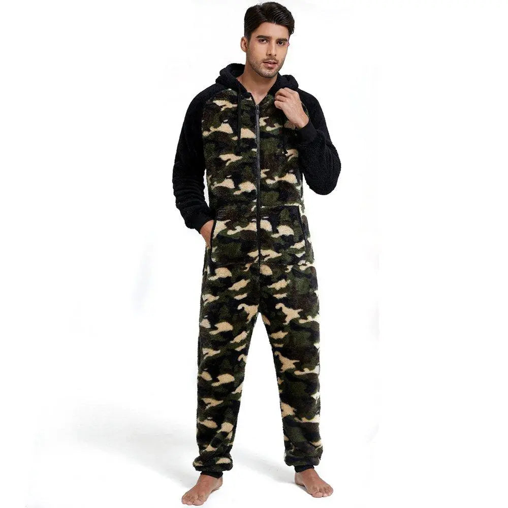 Men's Pajamas Hooded Thick Double Side Fleece Camouflage Zipper Jumpsuit - Pajamasbuy