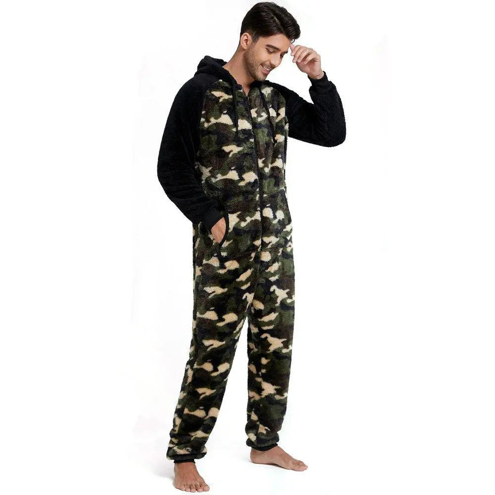 Men's Pajamas Hooded Thick Double Side Fleece Camouflage Zipper Jumpsuit - Pajamasbuy