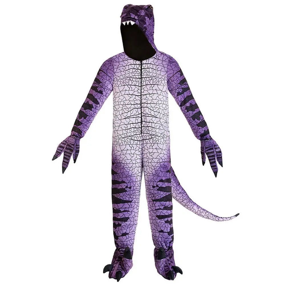 Ravenous Raptor Dinosaur Cosplay Costume Purple Hooded Jumpsuit Outfit Halloween for Kids - Pajamasbuy