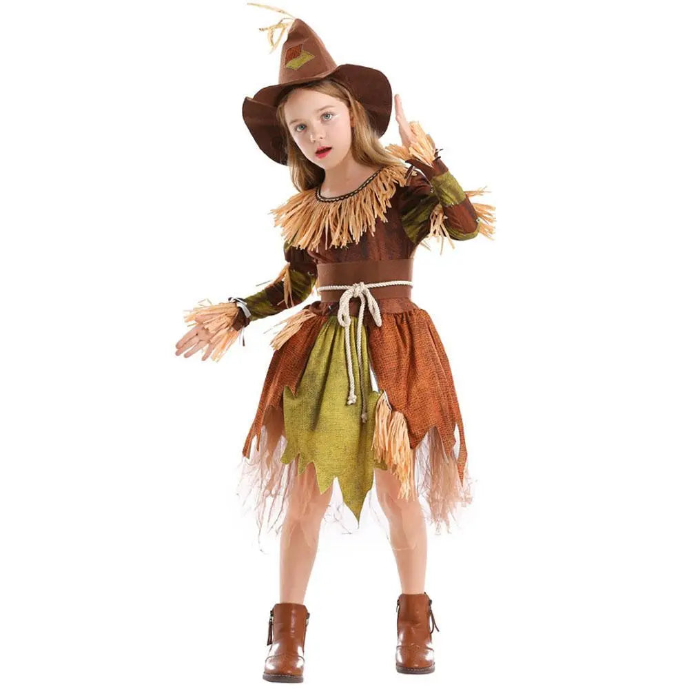 Scarecrow Cosplay Costume Halloween Role - Playing Outfit with Dress and Hat for Kids Girls - Pajamasbuy