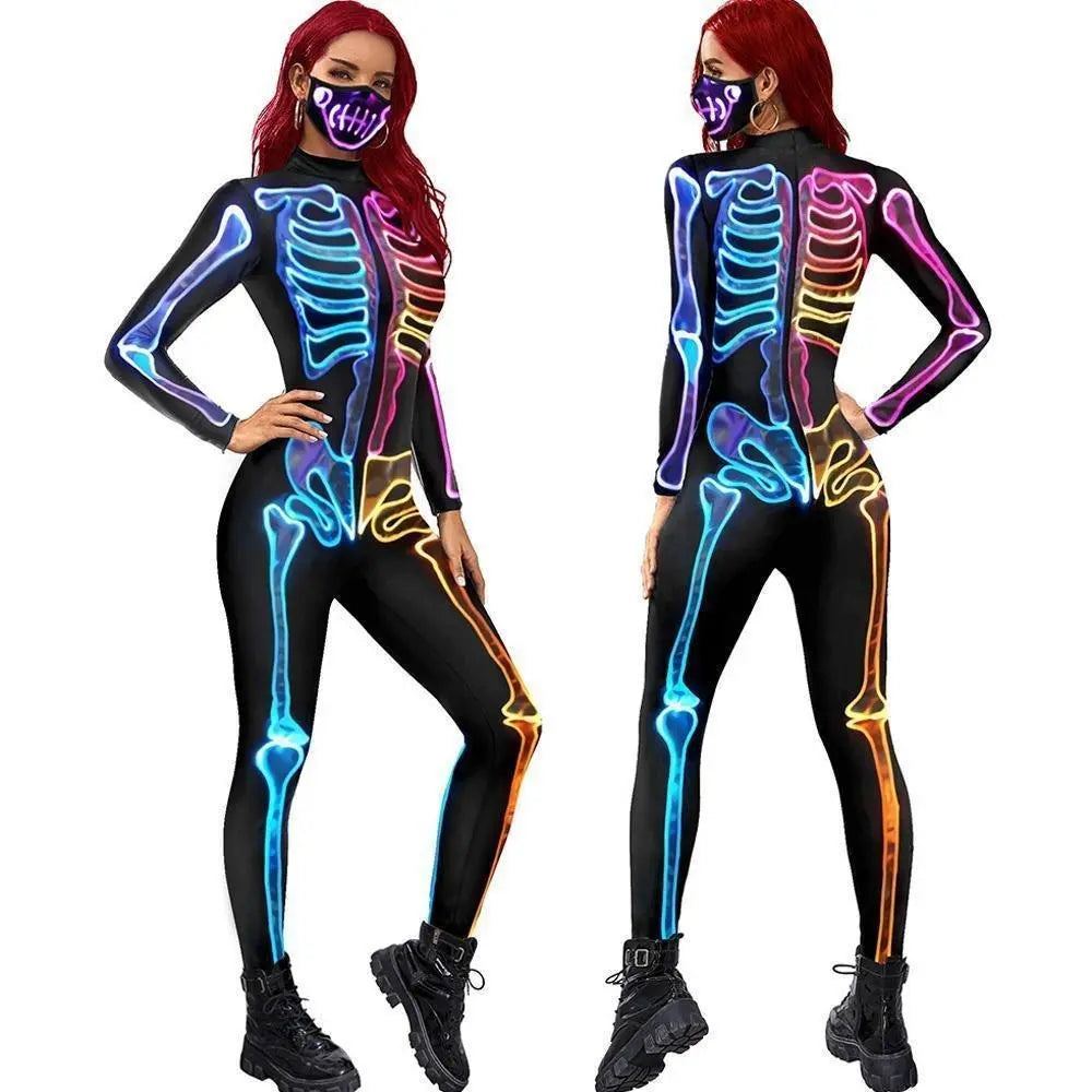 Women Halloween Jumpsuit Skull Cosplay Costume Funny Skeleton Halloween Bodysuit Skinny Catsuit - Pajamasbuy