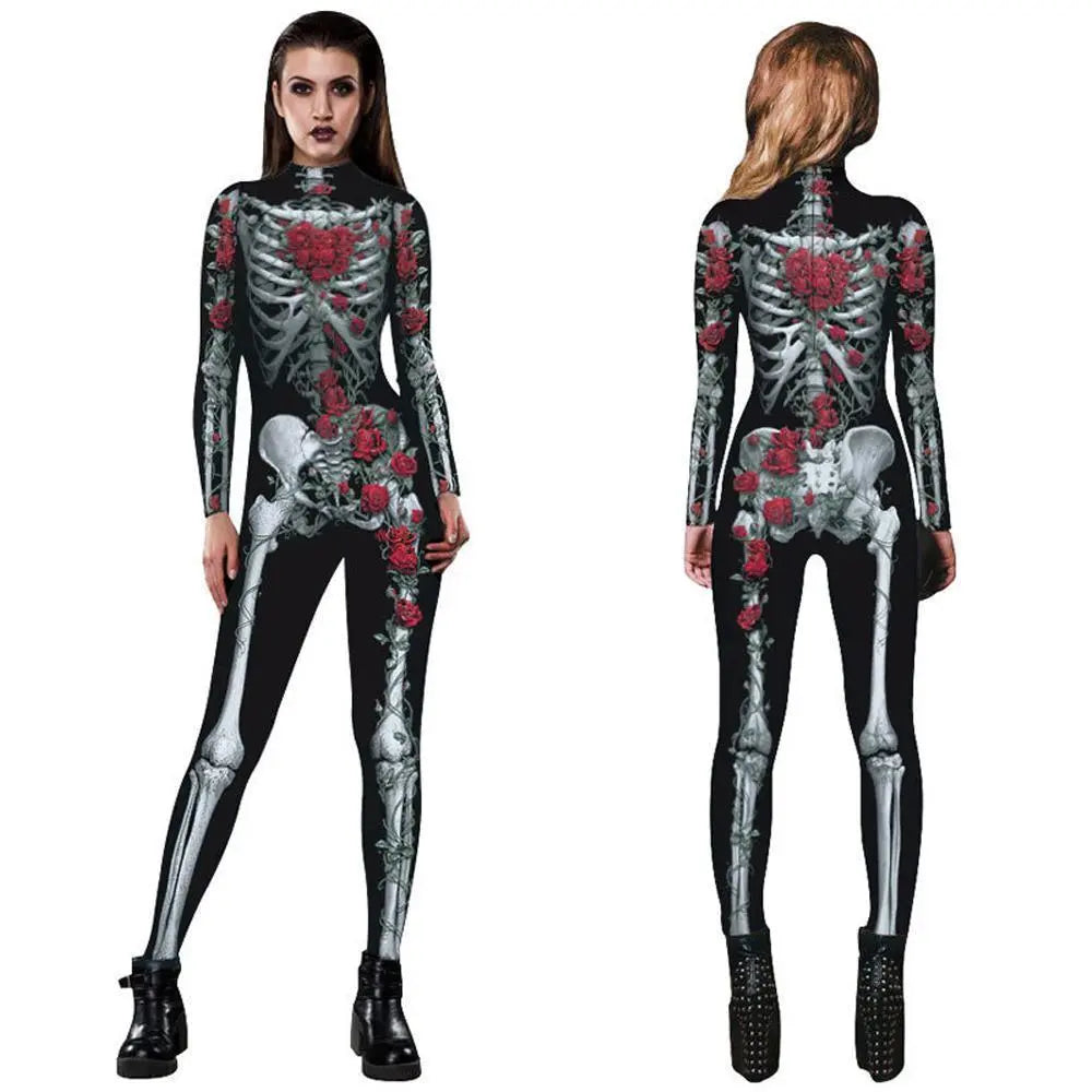 Women Printed Rose Skull Skeleton Catsuit Halloween Costume - Pajamasbuy