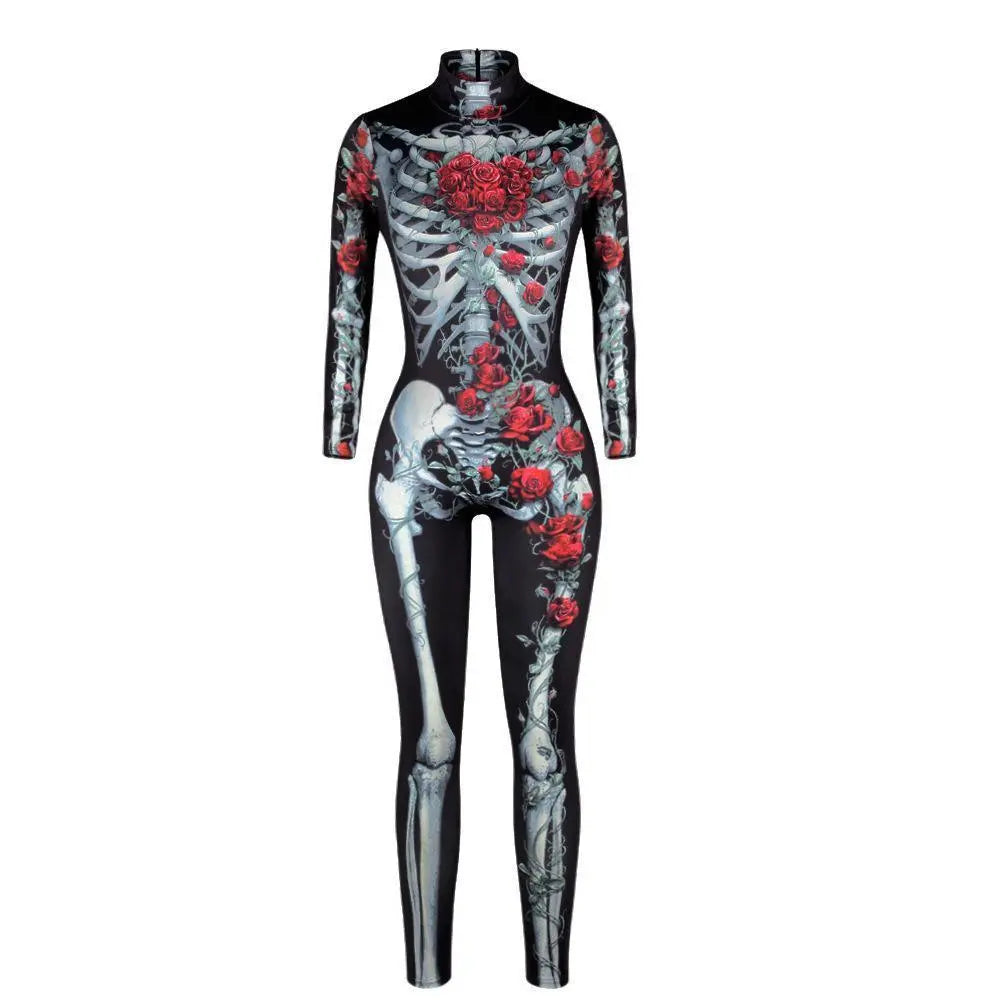 Women Printed Rose Skull Skeleton Catsuit Halloween Costume - Pajamasbuy