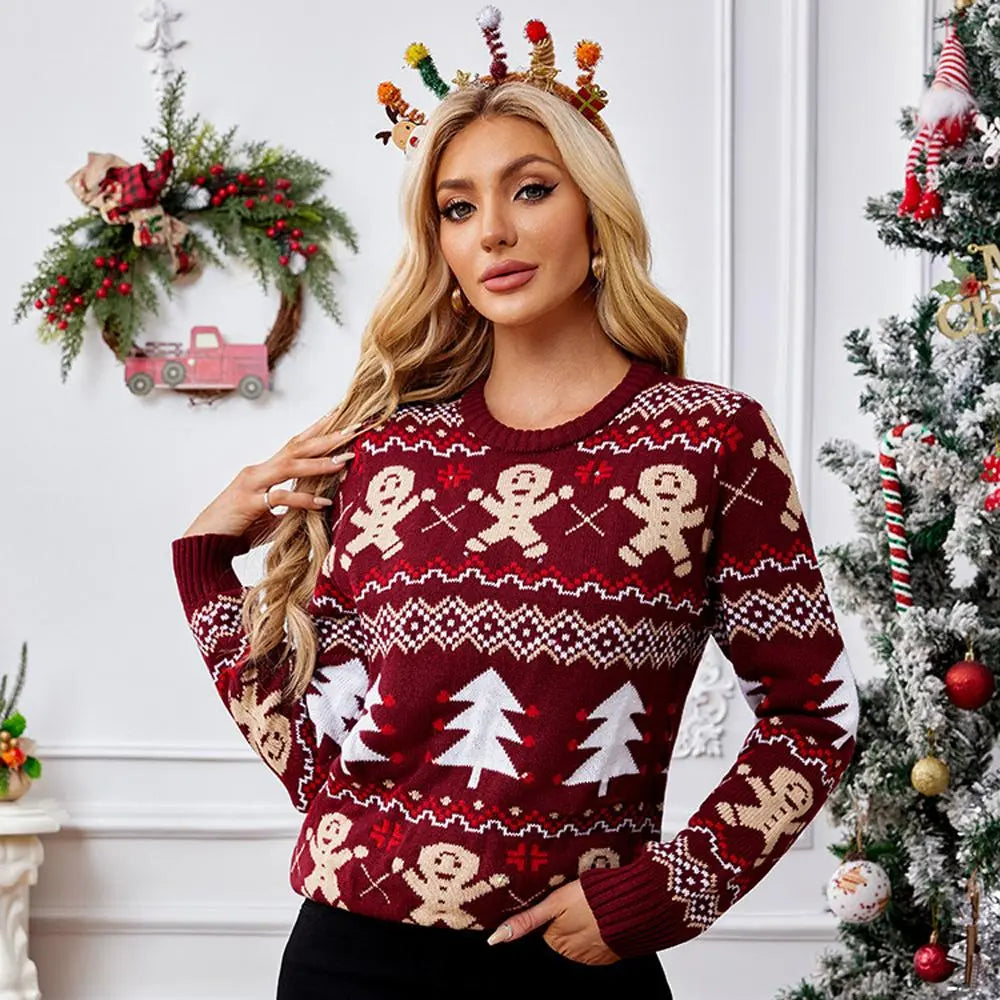 Women's Burgundy Christmas Ugly Sweater with Gingerbread Man Prints and LED Lights|?PajmasBuy