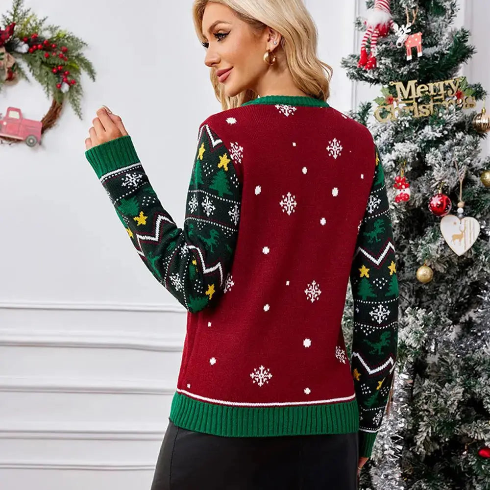 Women's Burgundy Christmas Ugly Sweater with LED Lights and T-Rex Dinosaur Pattern|?PajmasBuy