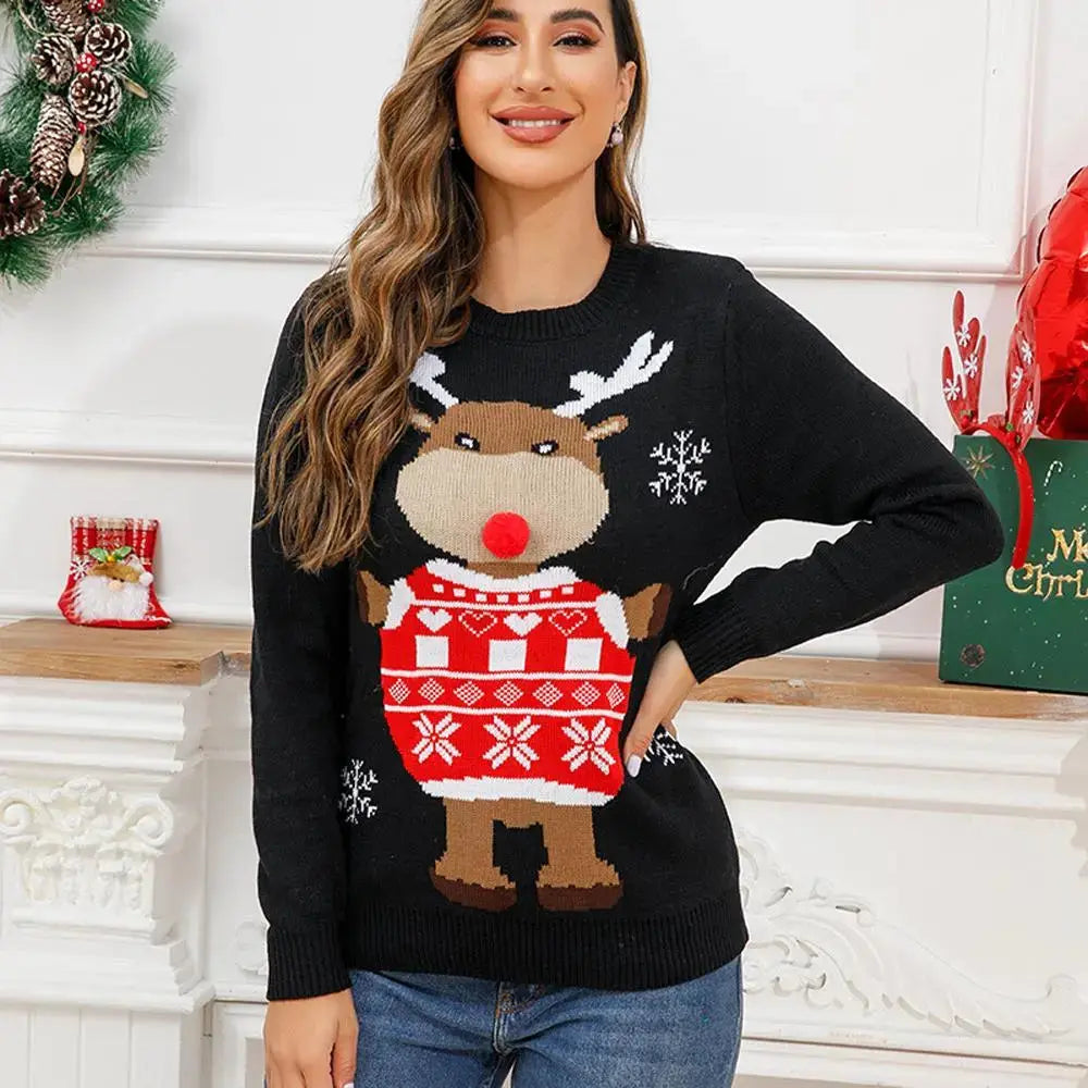 Women's Christmas Sweater Ugly Sweater Black Round Neck with Popular Holiday Print|?PajmasBuy