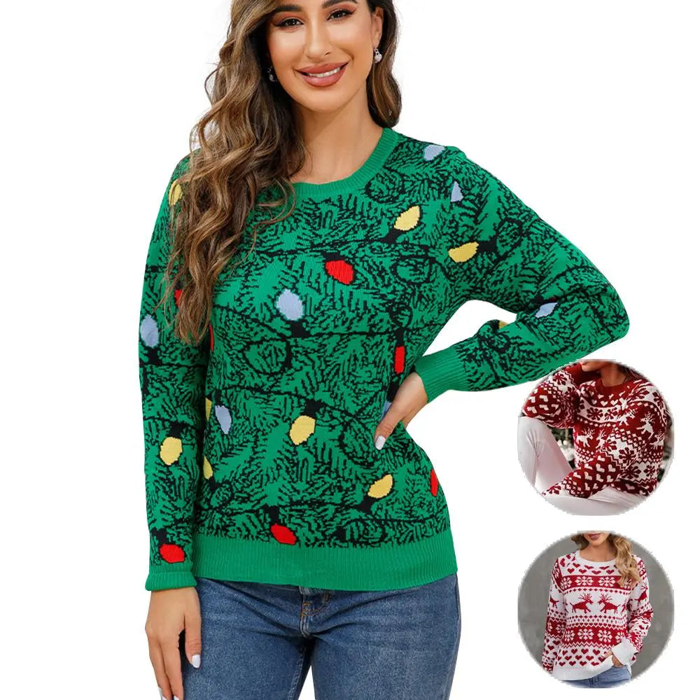 Women's Christmas Ugly Sweater Reindeer Snowflake Knitwear Round Neck Christmas Sweaters|?PajmasBuy