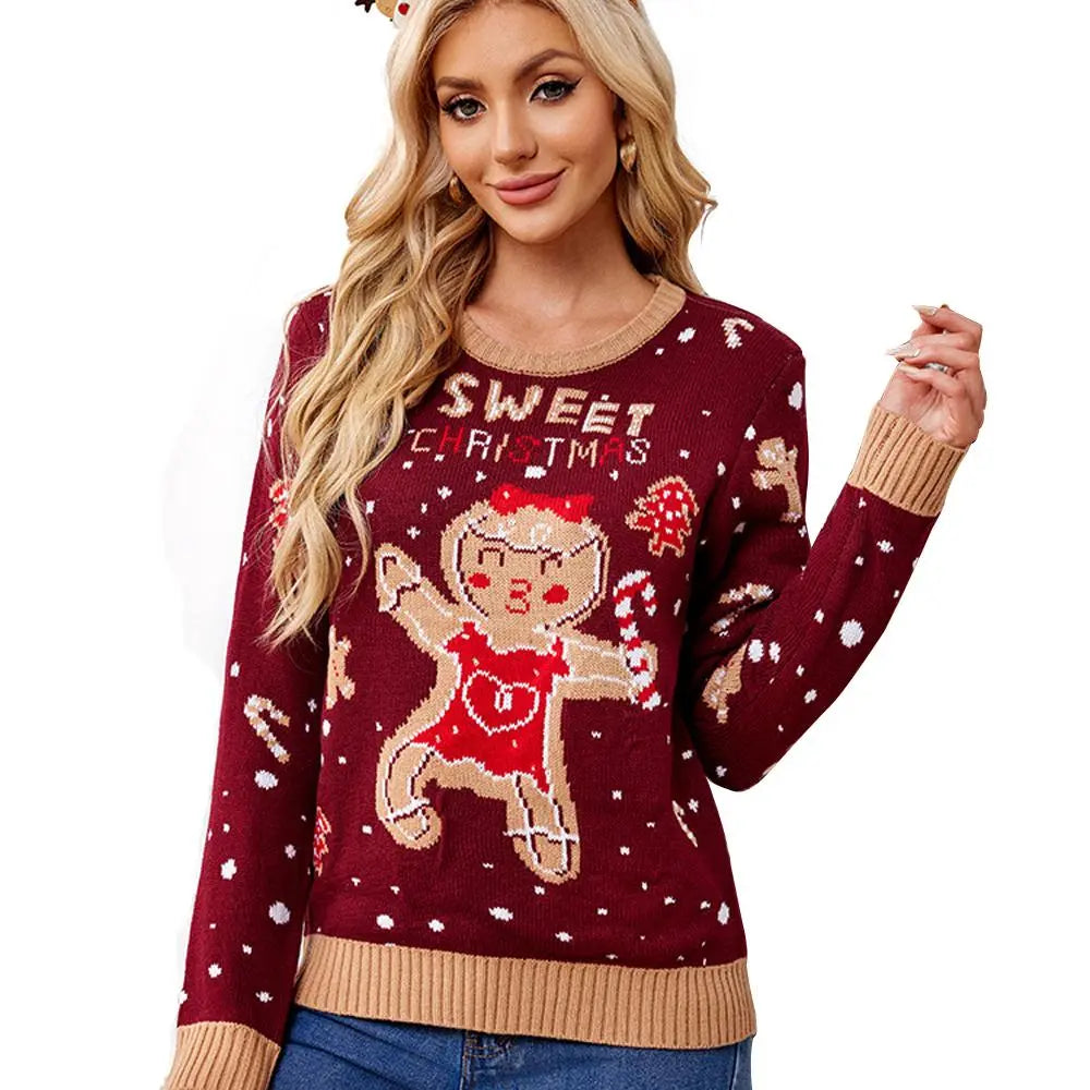 Women's Christmas Ugly Sweater with Gingerbread Man Pattern in Burgundy Red with LED Lights|?PajmasBuy