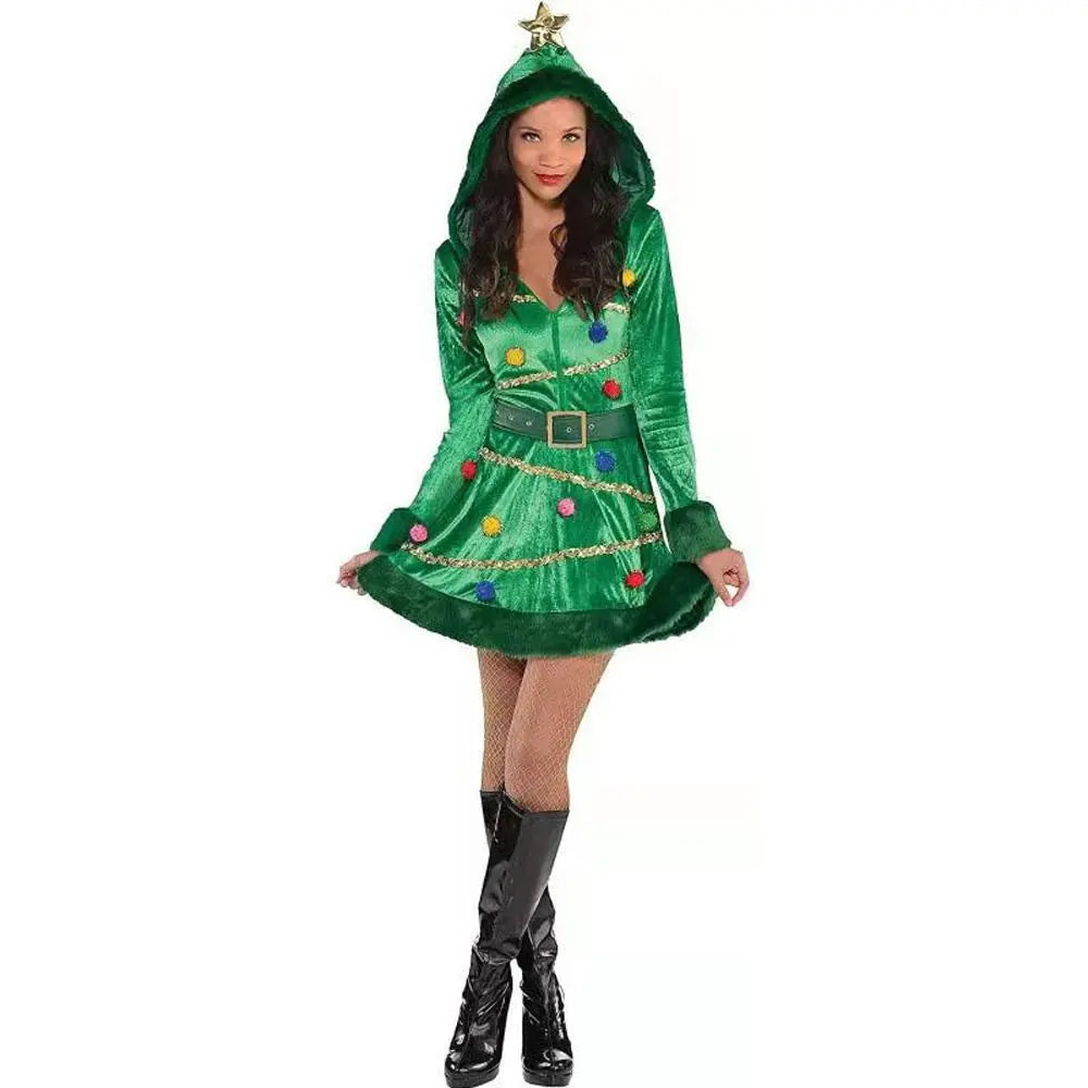 Women's Green Christmas Tree Shape Costume Dress with Belt for A Stand-Out Holiday Look| PajmasBuy