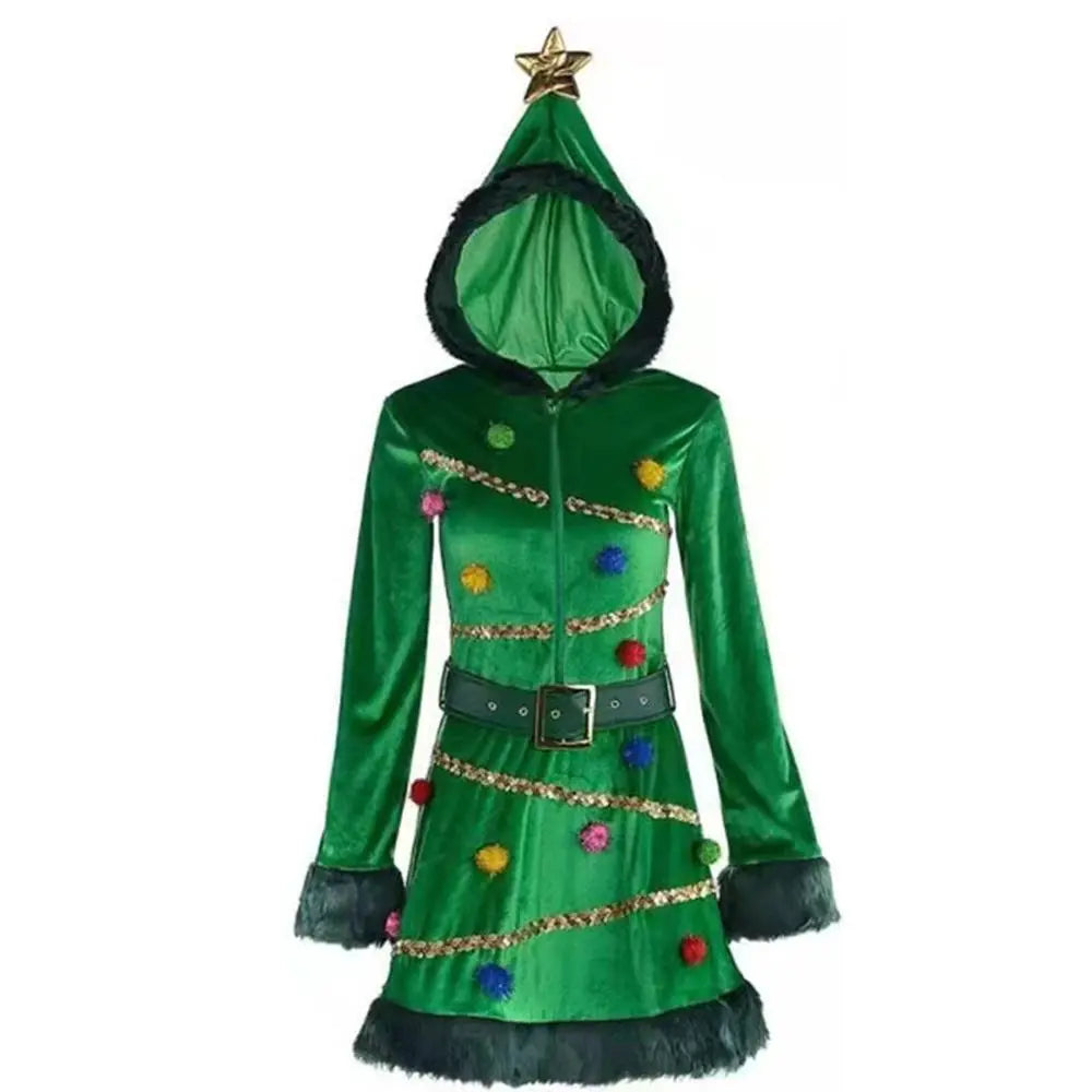 Women's Green Christmas Tree Shape Costume Dress with Belt for A Stand-Out Holiday Look| PajmasBuy