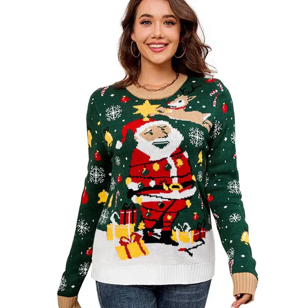 Women's LED Light Up Green Christmas Ugly Sweater with Santa Reindeer Prints|?PajmasBuy