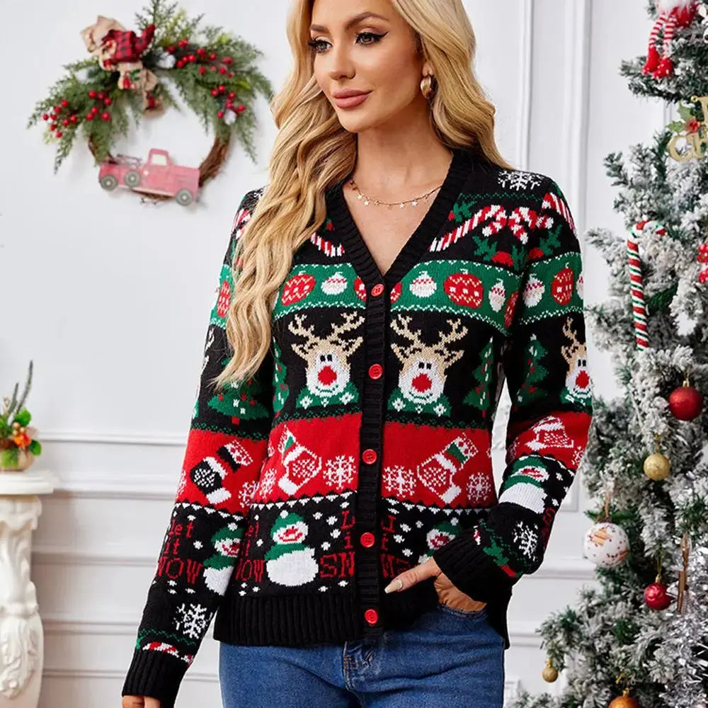 Women's Red Black Long Sleeves Ugly Christmas Sweater Cardigan with Reindeer Knit Prints|?PajmasBuy