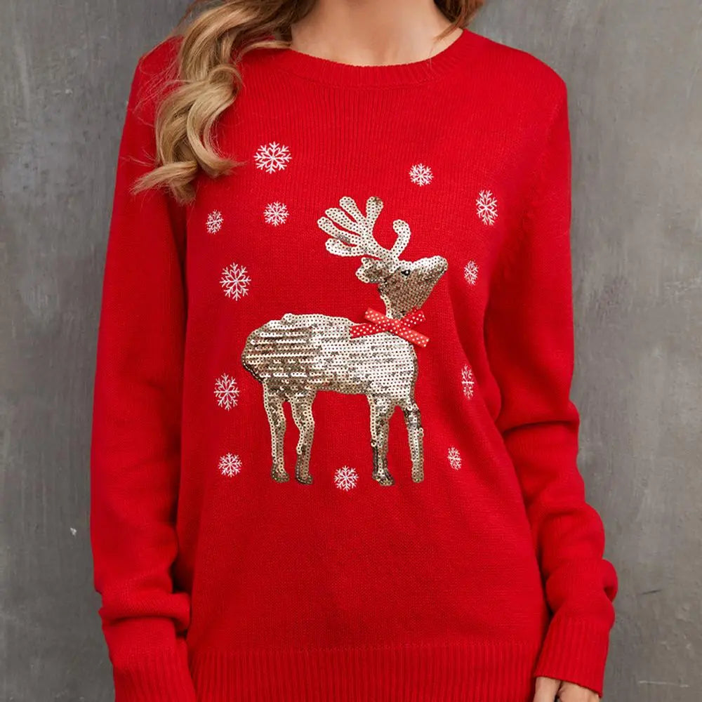 Women's Ugly Christmas Red Black Sweater with Reindeer Sequin and Christmas Tree Knit Prints|?PajmasBuy