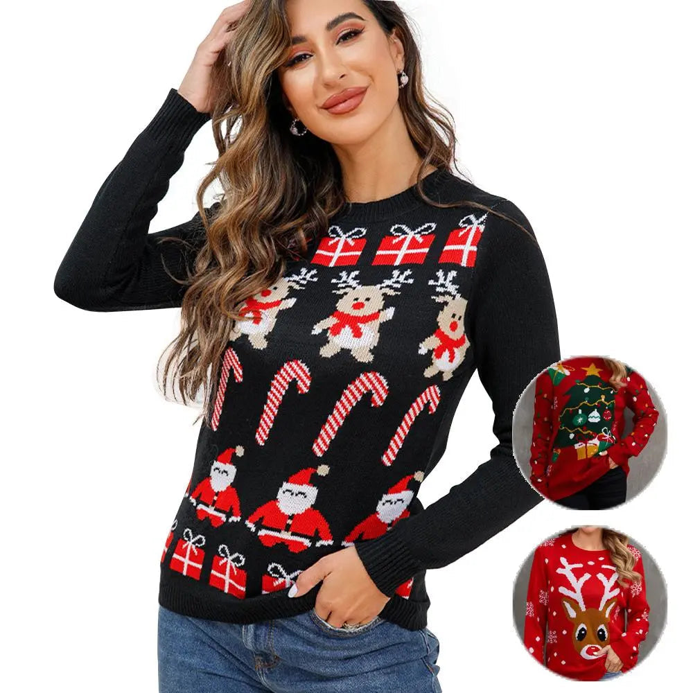 Women's Ugly Christmas Sweater Round Neck Knitwear with Santa Claus Snowflake Reindeer Pattern|?PajmasBuy